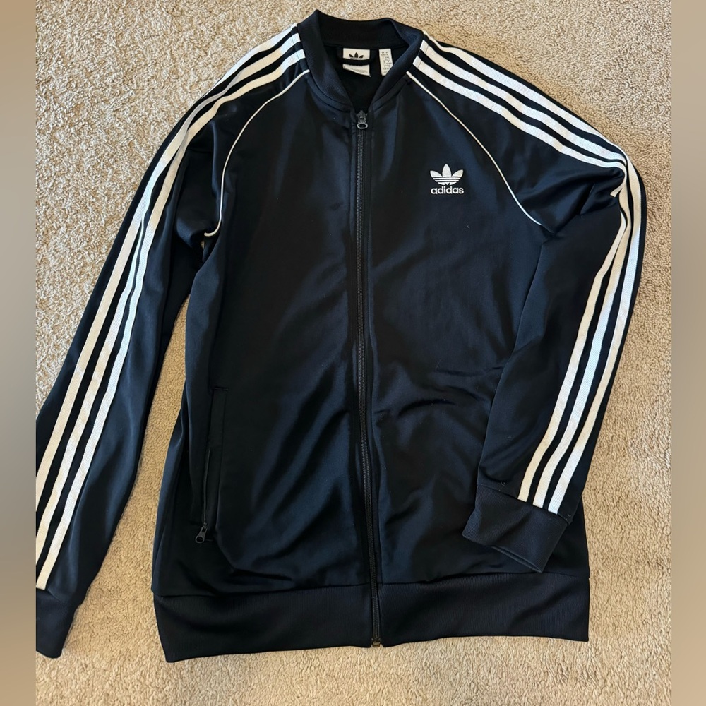 Adidas boy’s full zip track jacket. Size XL (15/16). Black with white stripes.